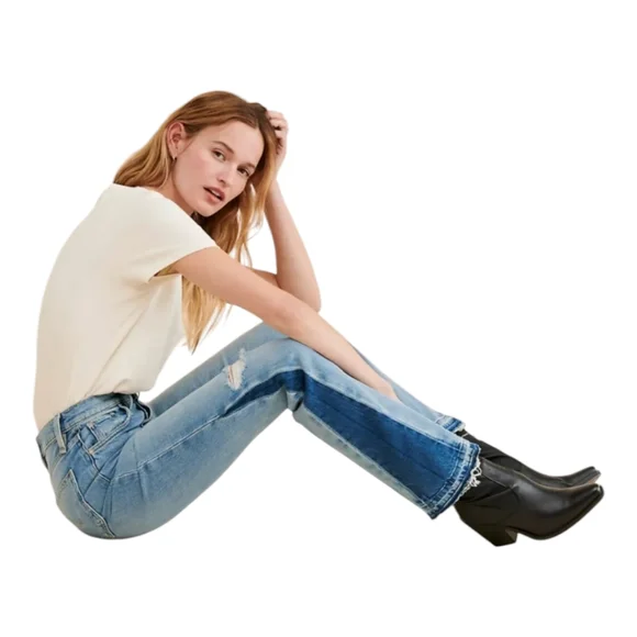 NEW Hudson Faye Jeans | Ultra High Rise Flare | Two-Tone Distressed Denim Sz 31 - Picture 3 of 16